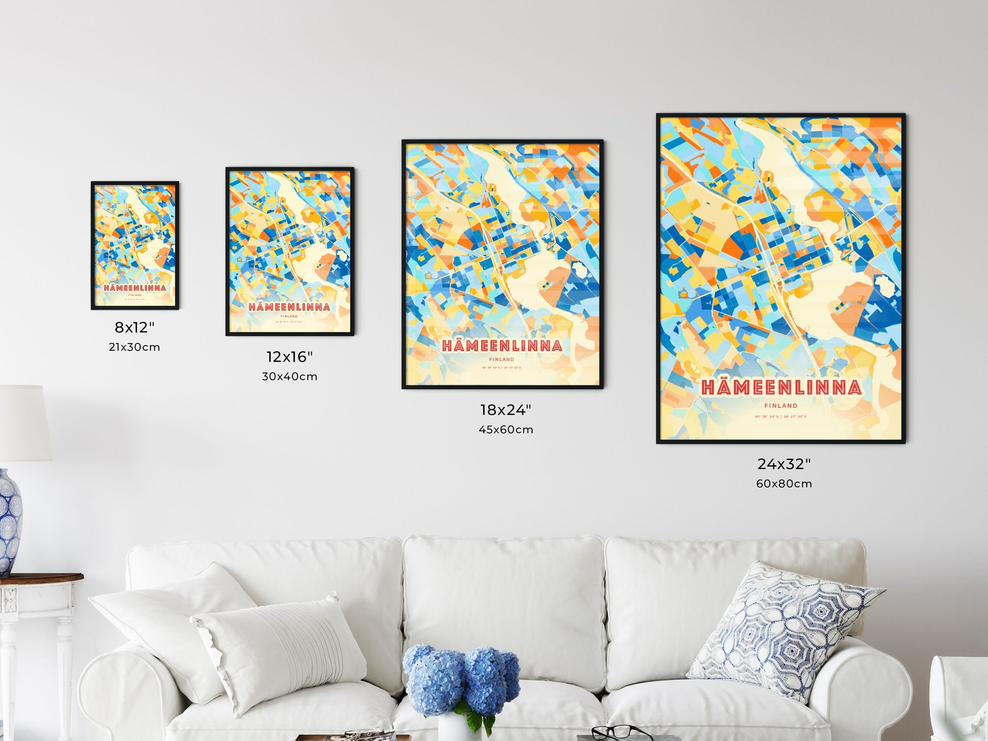 Colorful HÄMEENLINNA FINLAND Fine Art Map Blue Orange