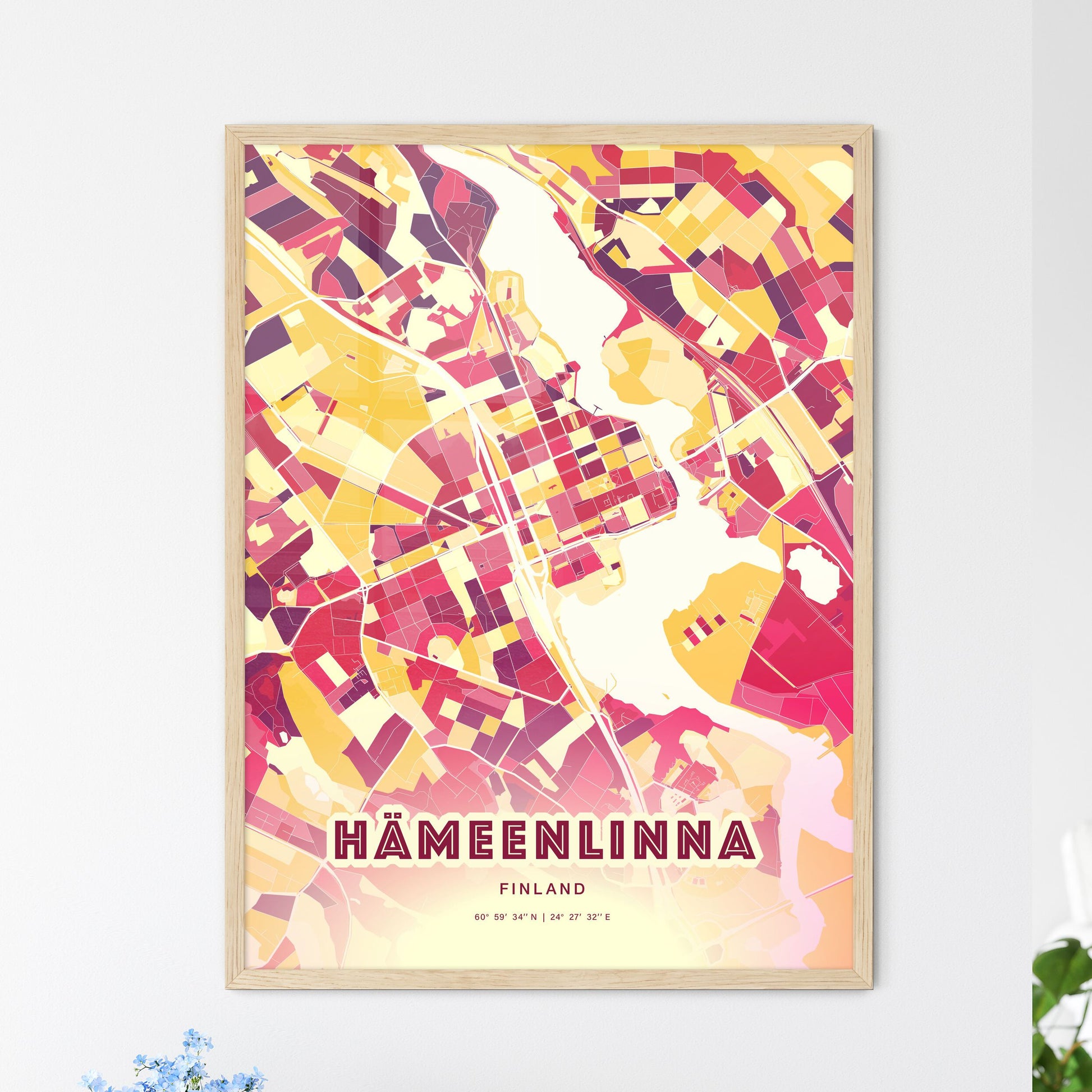 Colorful HÄMEENLINNA FINLAND Fine Art Map Hot Red