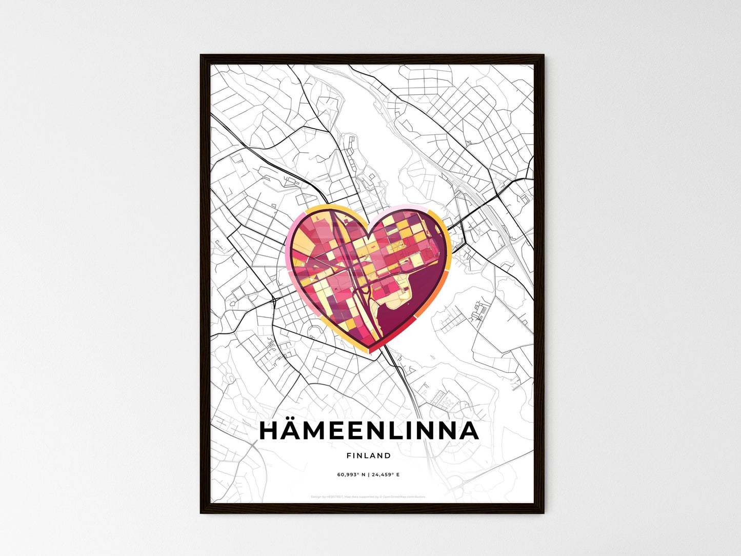 Hämeenlinna Finland wedding art map with heart icon