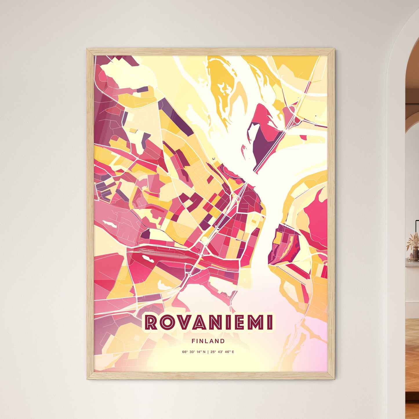 Colorful ROVANIEMI FINLAND Fine Art Map Hot Red