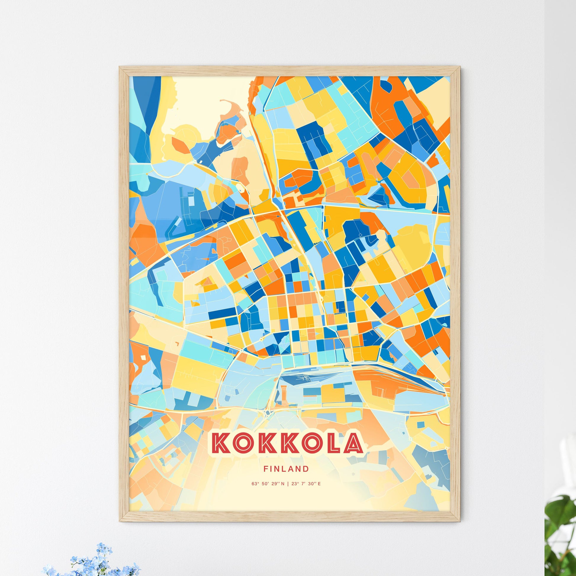 Colorful KOKKOLA FINLAND Fine Art Map Blue Orange