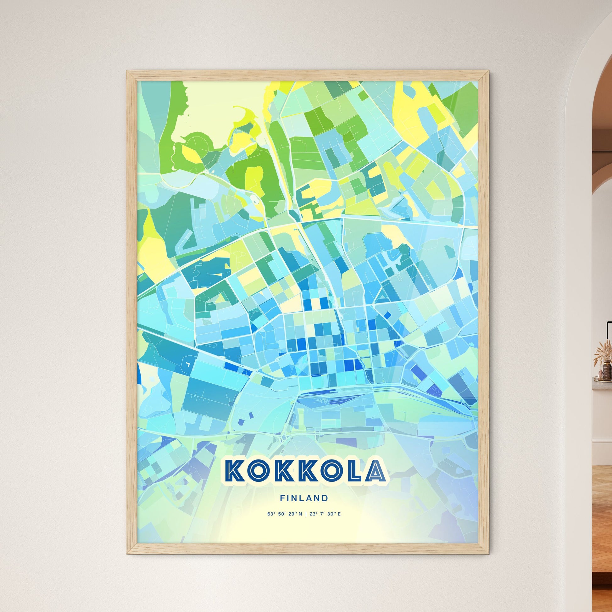 Colorful KOKKOLA FINLAND Fine Art Map Cool Blue