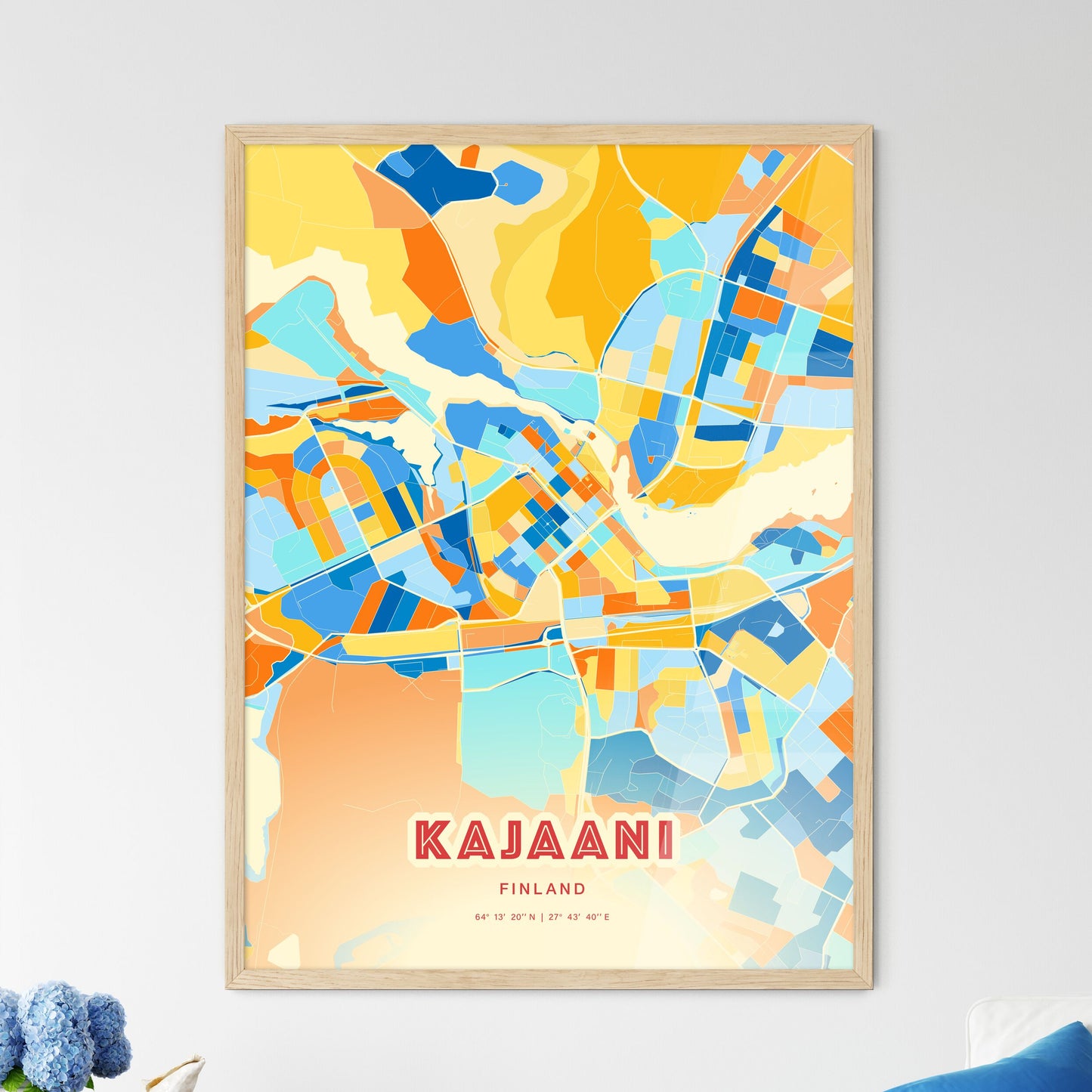 Colorful KAJAANI FINLAND Fine Art Map Blue Orange