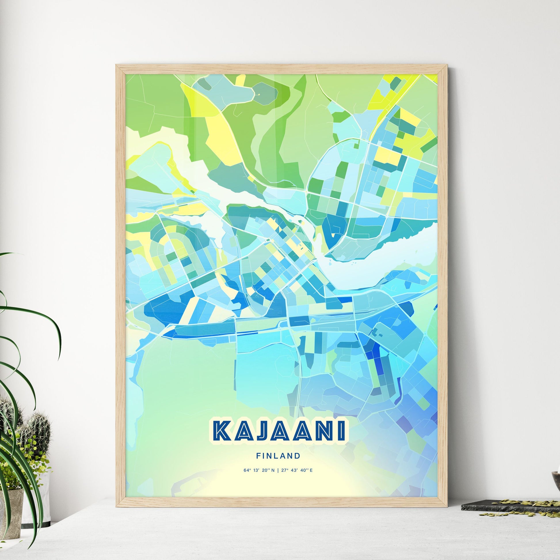 Colorful KAJAANI FINLAND Fine Art Map Cool Blue