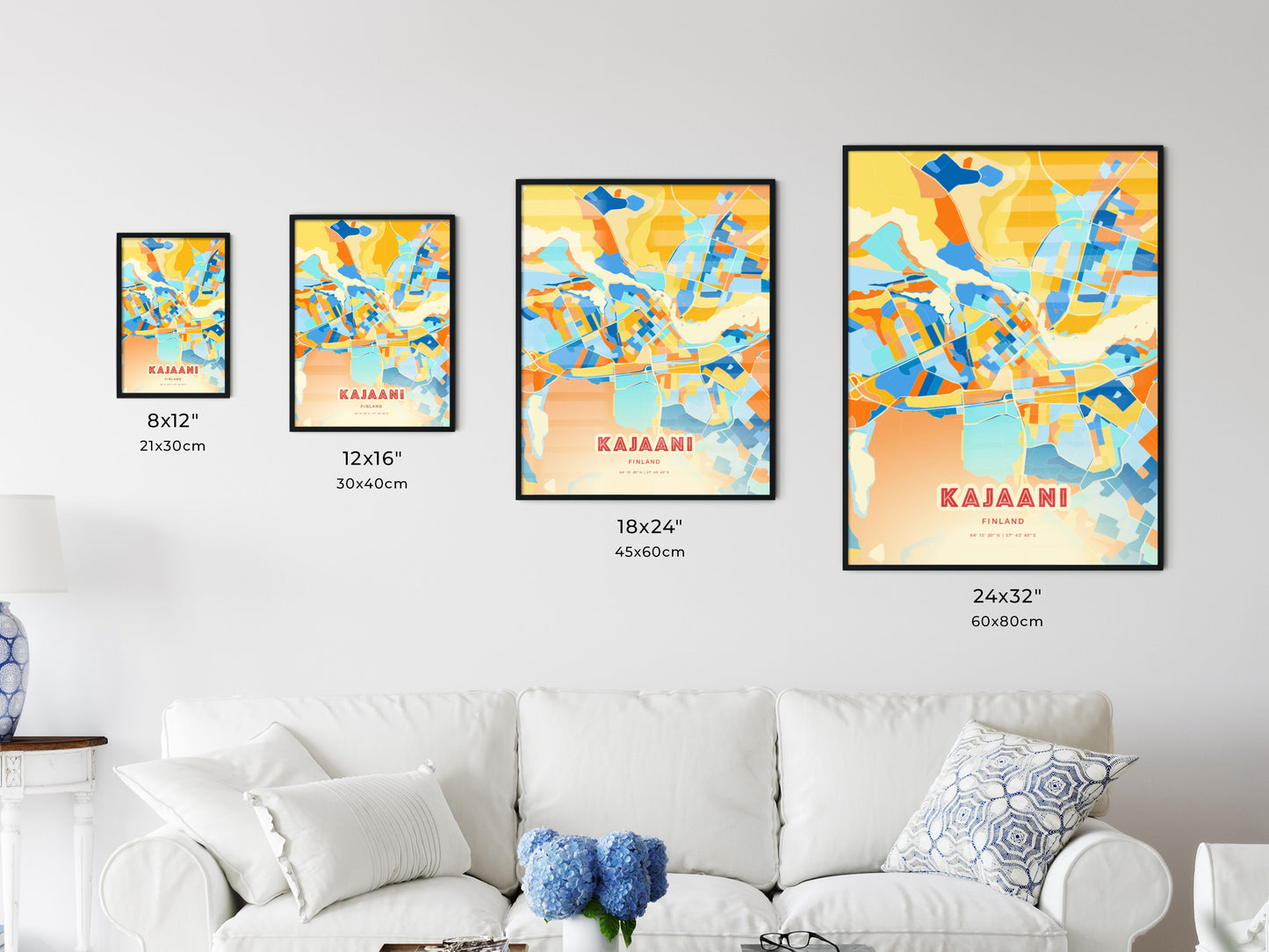 Colorful KAJAANI FINLAND Fine Art Map Blue Orange