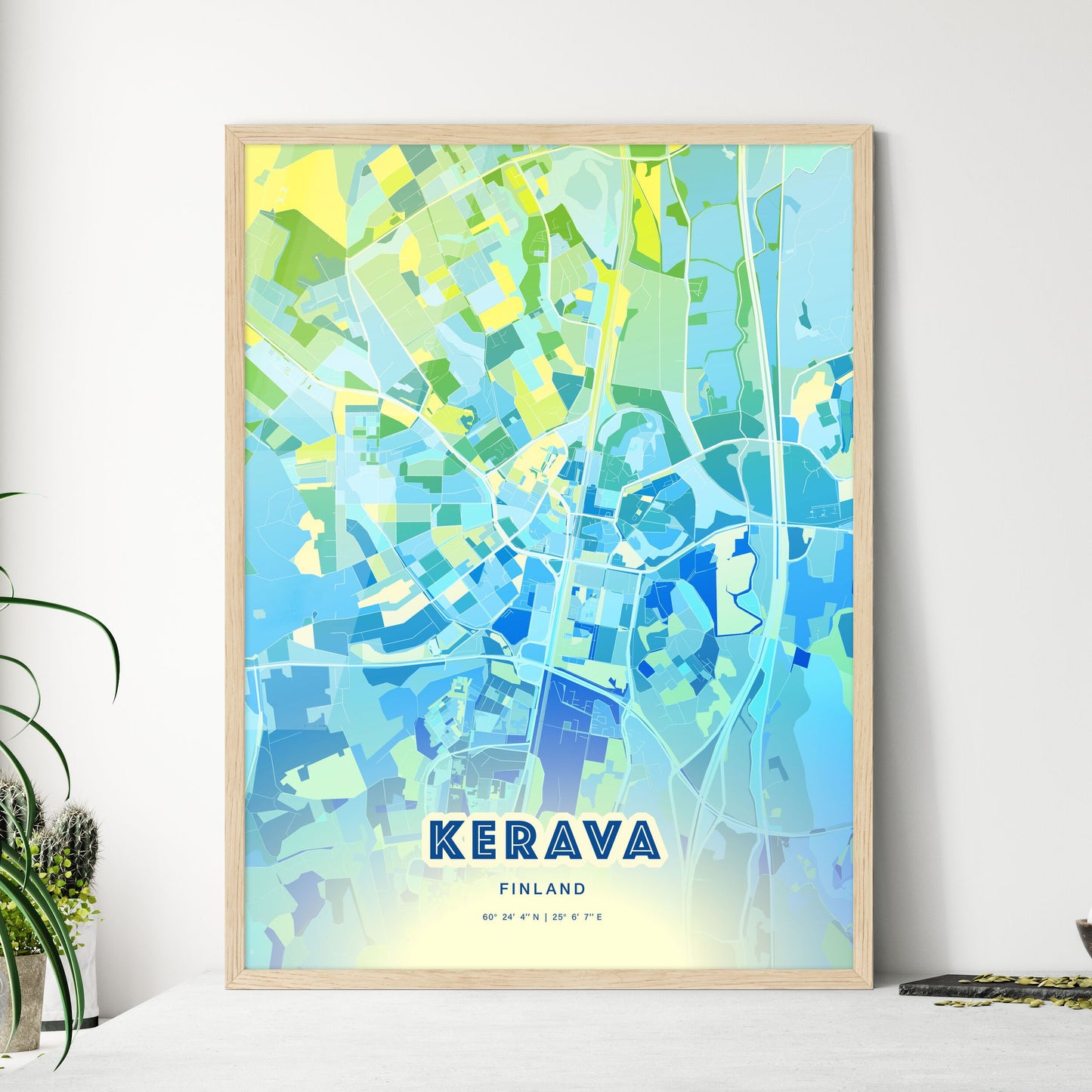 Colorful KERAVA FINLAND Fine Art Map Cool Blue