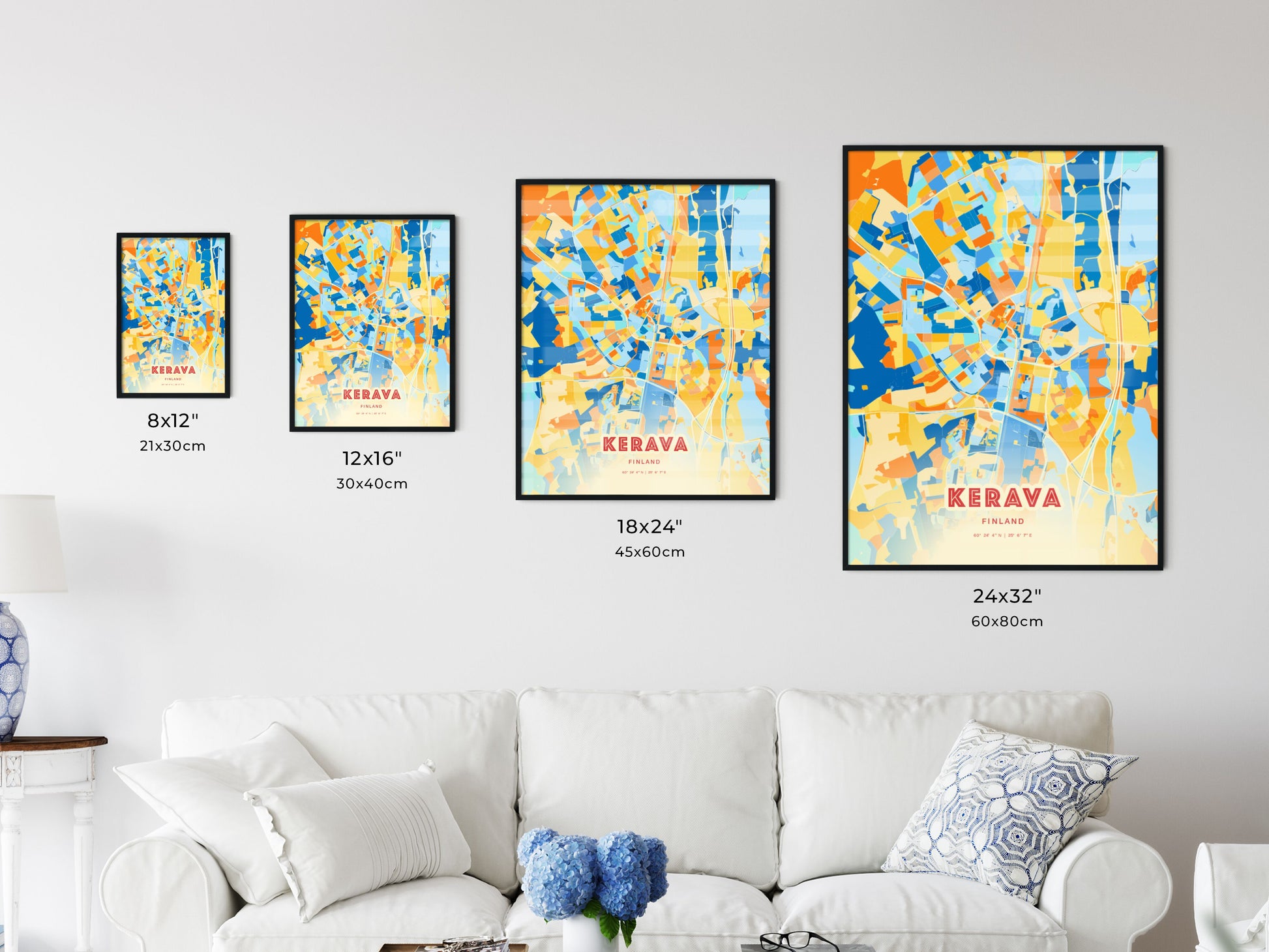 Colorful KERAVA FINLAND Fine Art Map Blue Orange