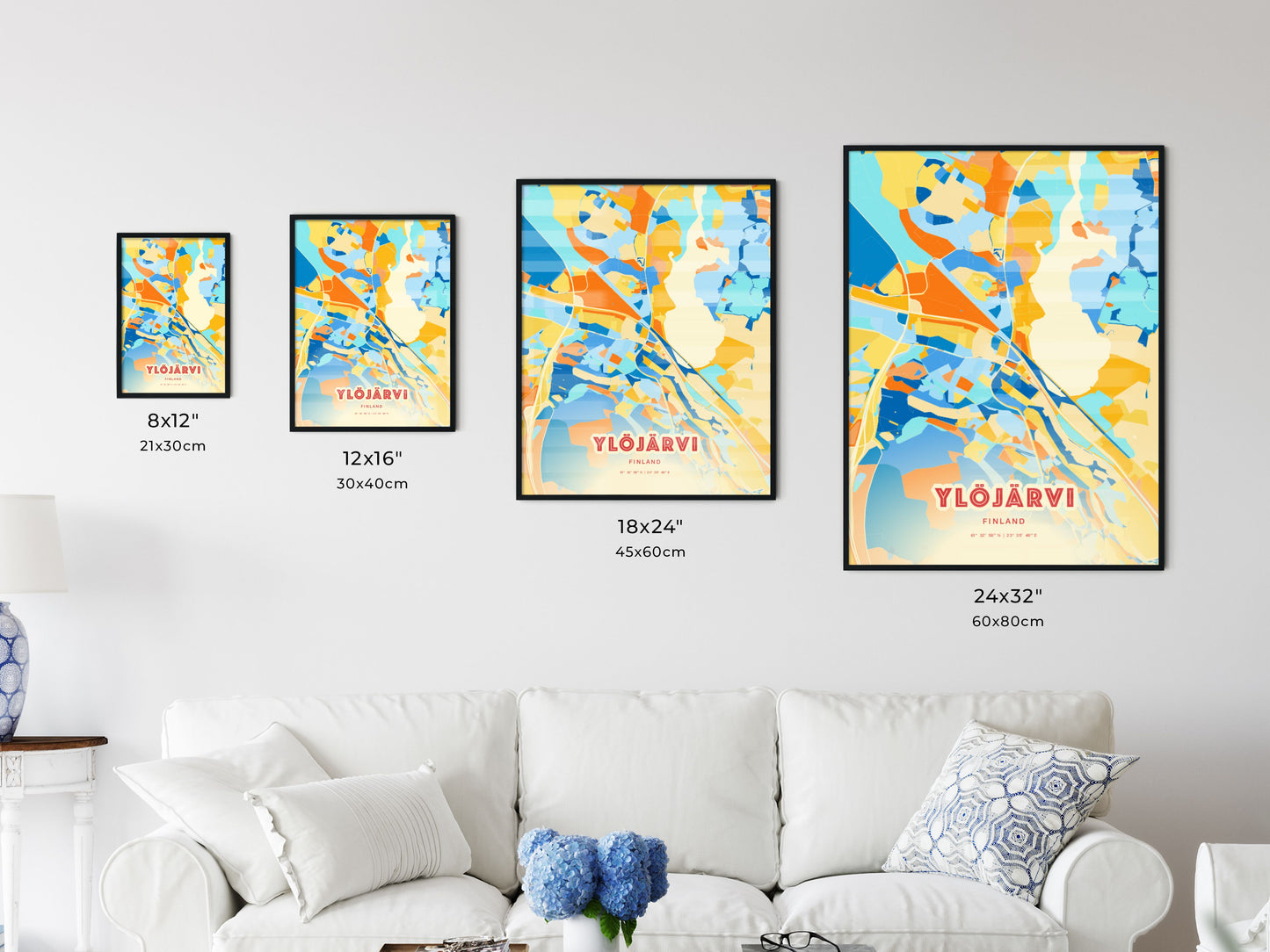 Colorful YLÖJÄRVI FINLAND Fine Art Map Blue Orange