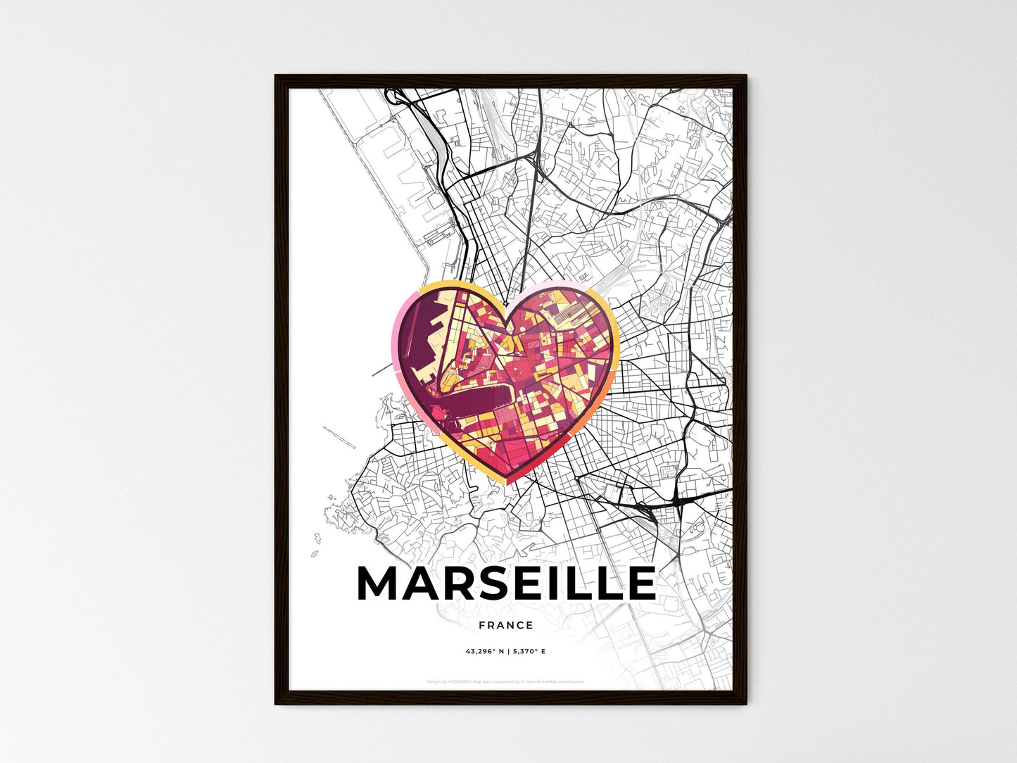 Marseille France wedding art map with heart icon