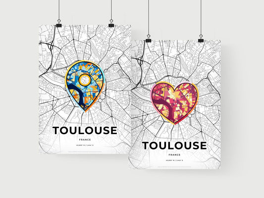 TOULOUSE FRANCE minimal art map with a colorful icon. Where it all began, Couple map gift.