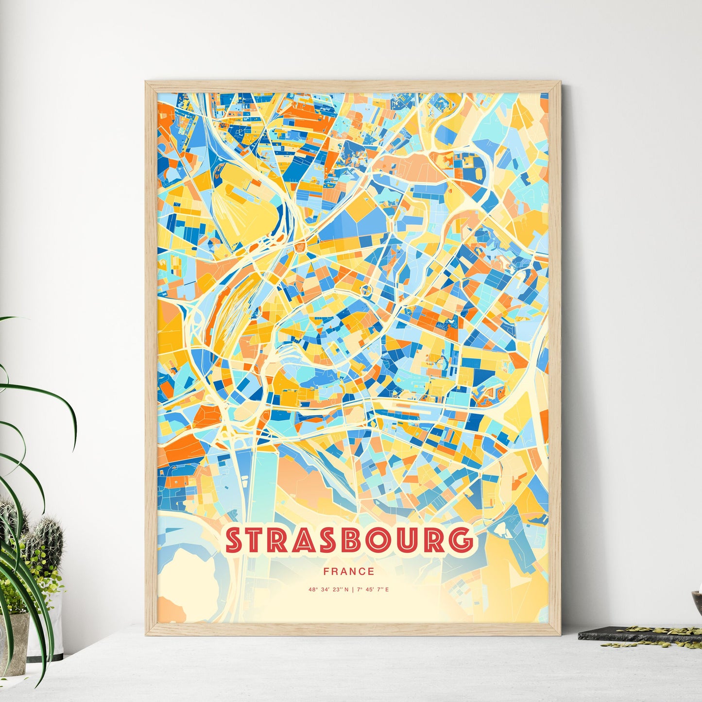 Colorful Strasbourg France Fine Art Map Blue Orange