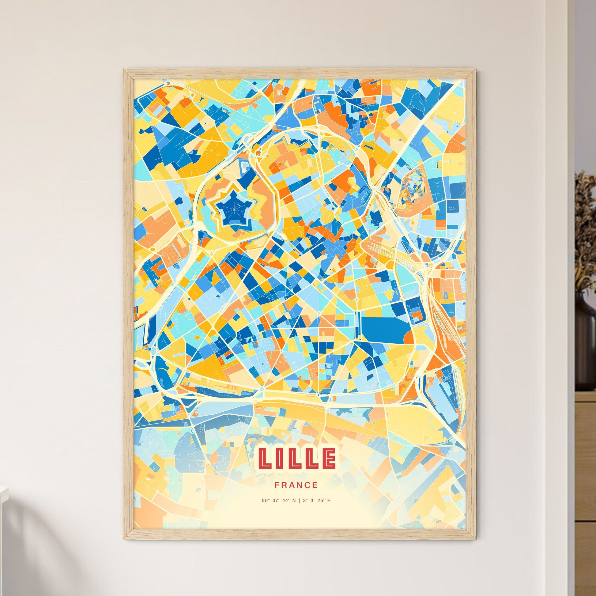 Colorful Lille France Fine Art Map Blue Orange