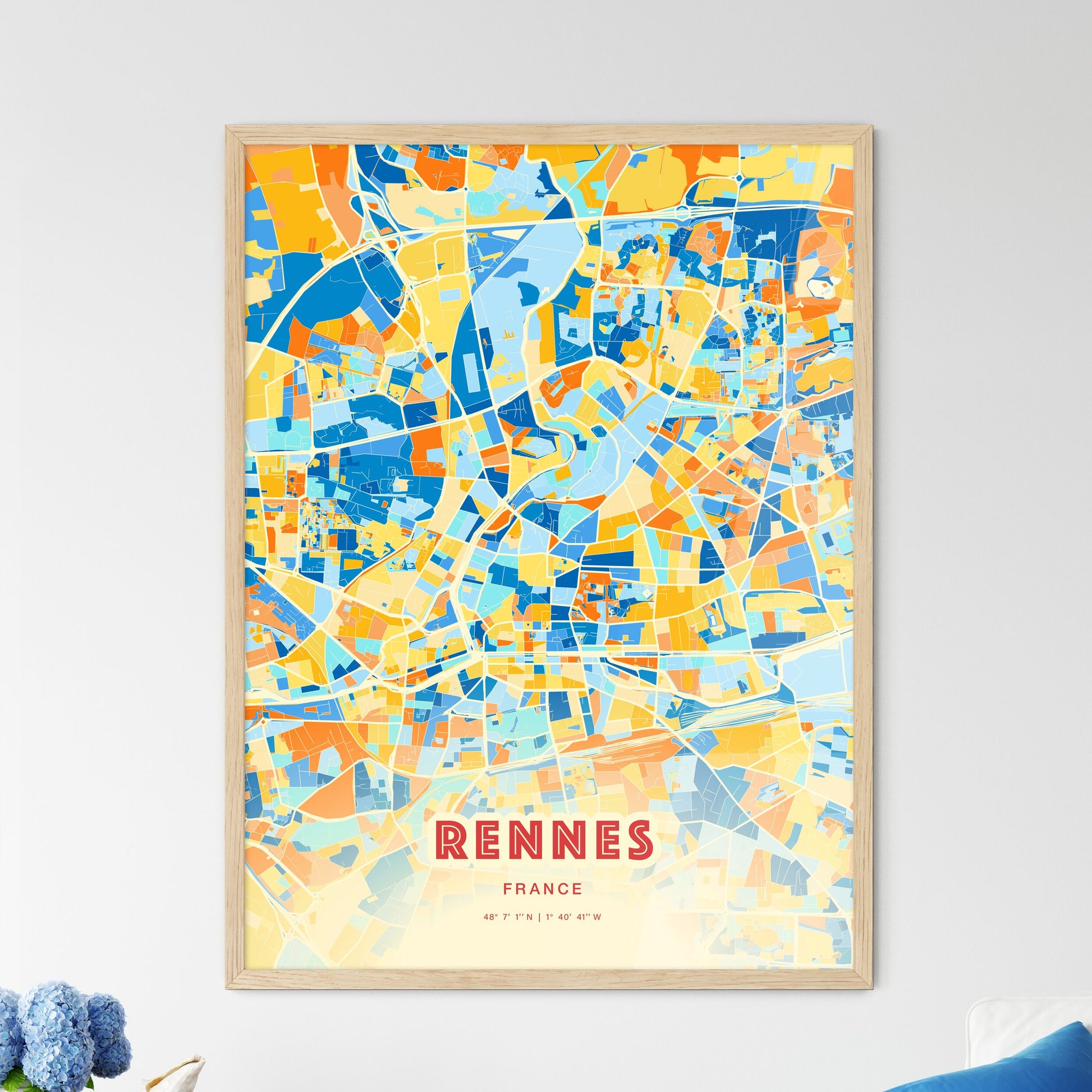 Colorful Rennes France Fine Art Map Blue Orange