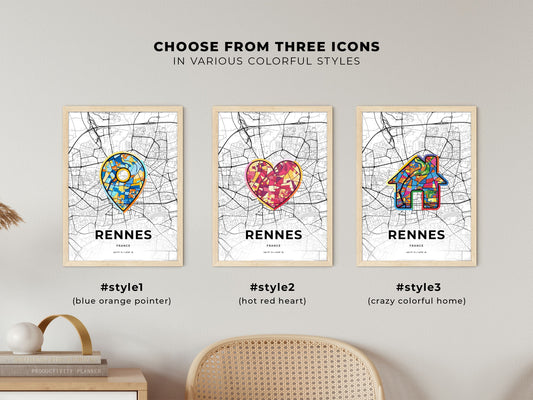Rennes France maps with colorful icons