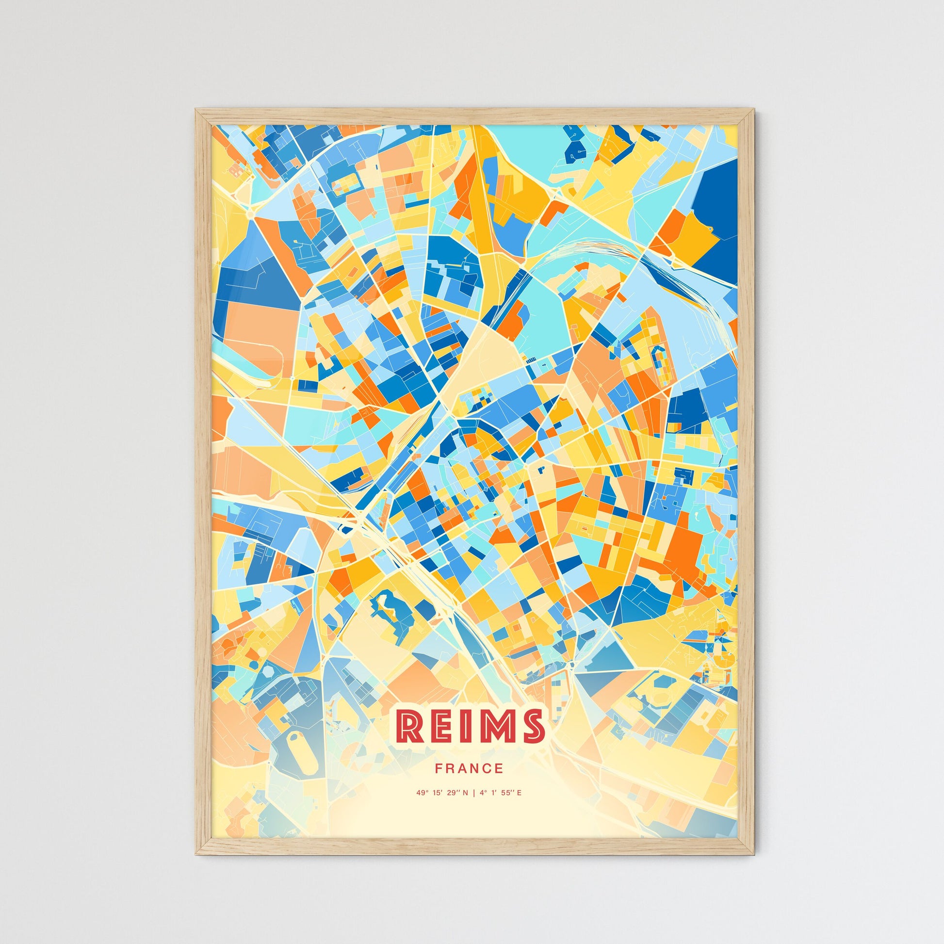 Colorful Reims France Fine Art Map Blue Orange