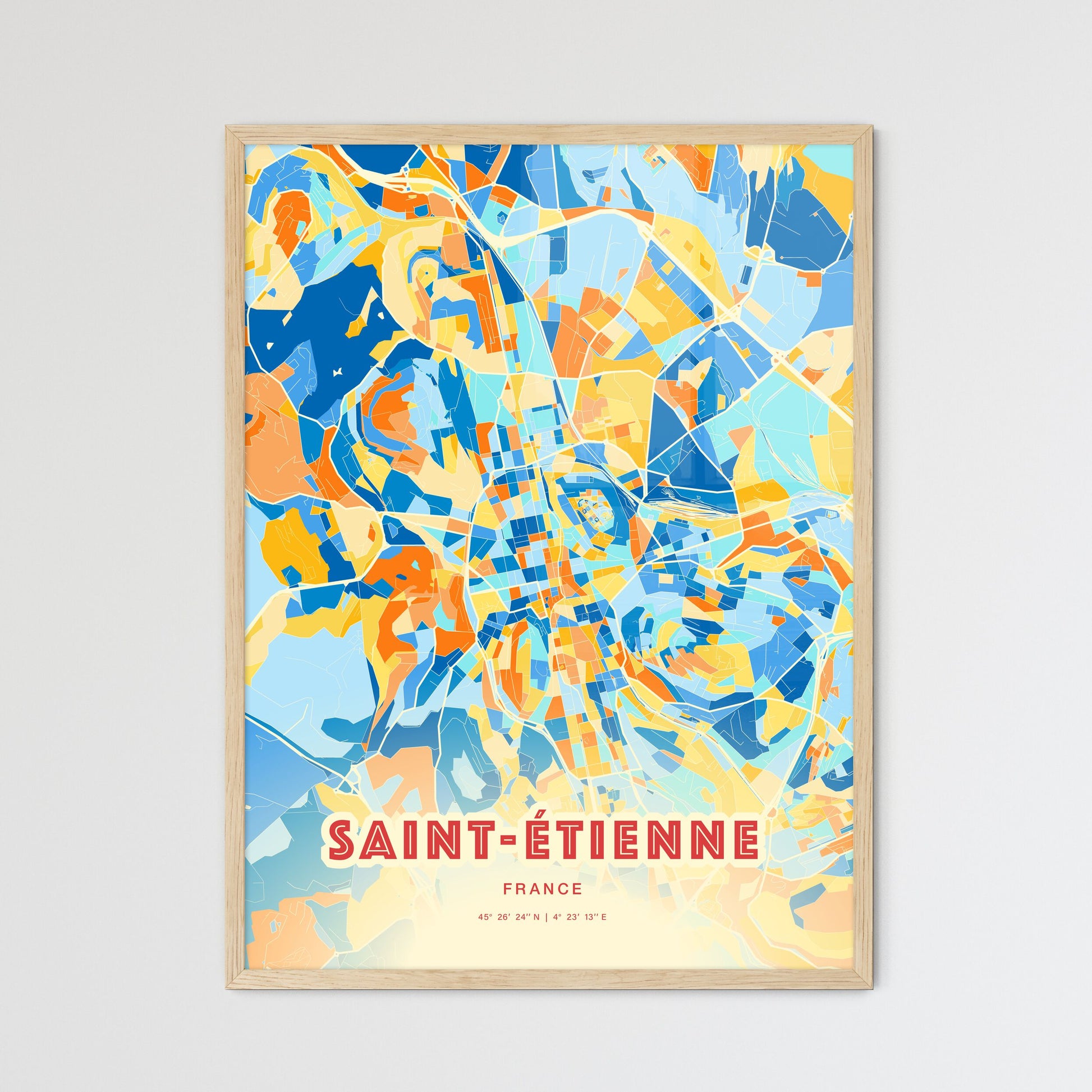 Colorful Saint-Étienne France Fine Art Map Blue Orange