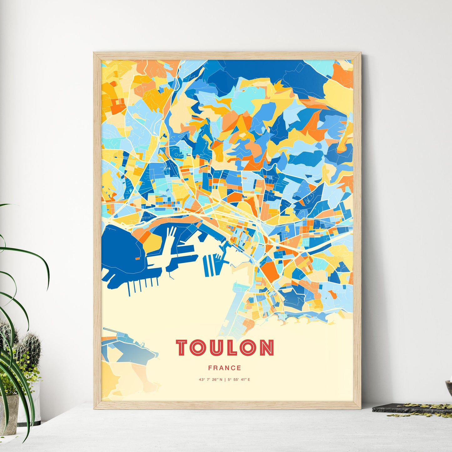 Colorful Toulon France Fine Art Map Blue Orange