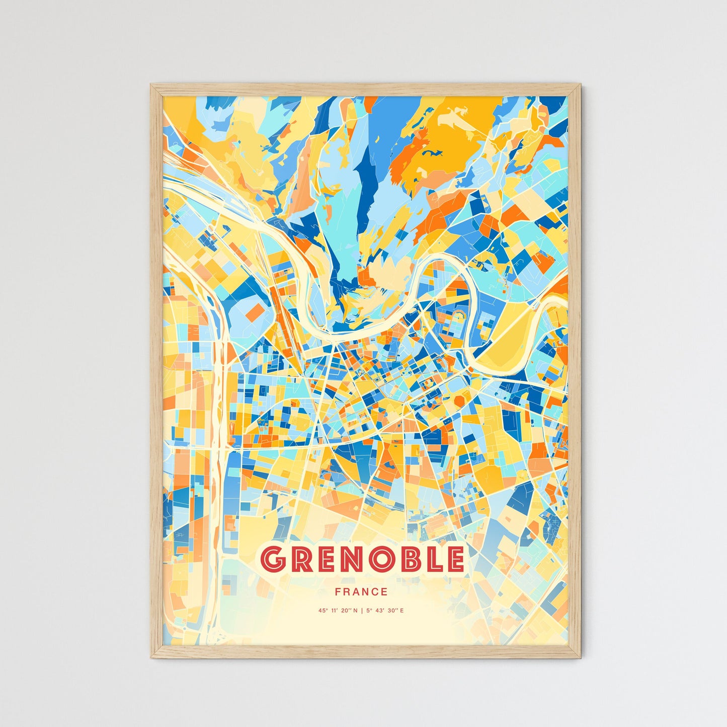 Colorful Grenoble France Fine Art Map Blue Orange