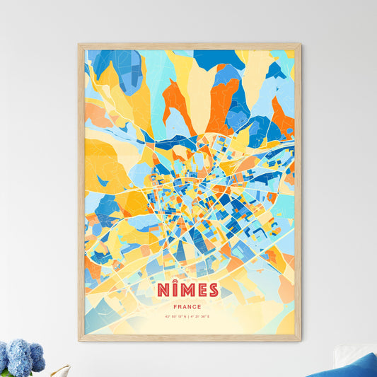 Colorful Nîmes France Fine Art Map Blue Orange