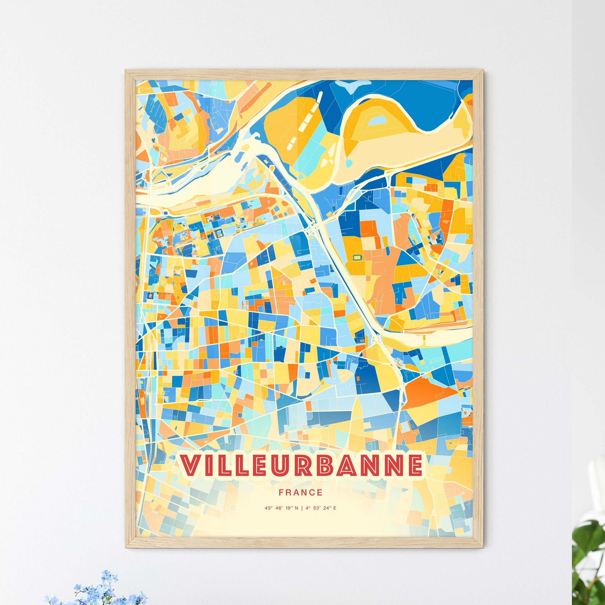 Colorful VILLEURBANNE FRANCE Fine Art Map Blue Orange