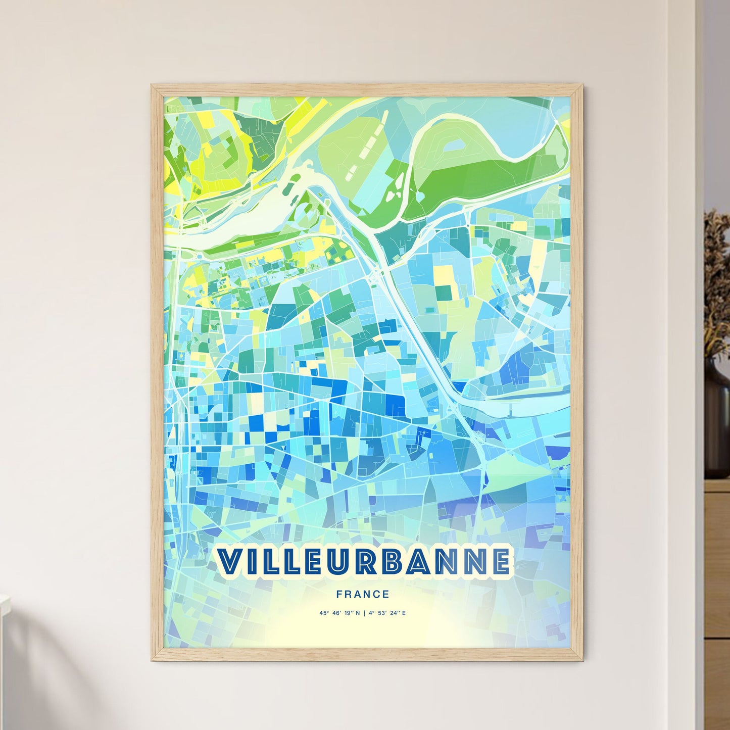 Colorful VILLEURBANNE FRANCE Fine Art Map Cool Blue