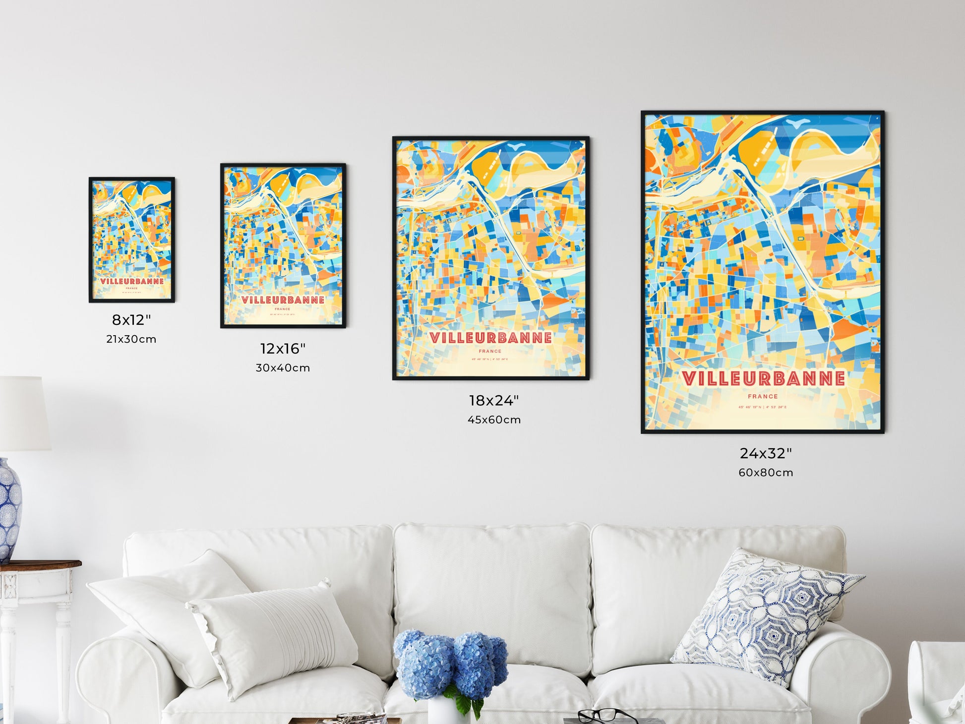 Colorful VILLEURBANNE FRANCE Fine Art Map Blue Orange