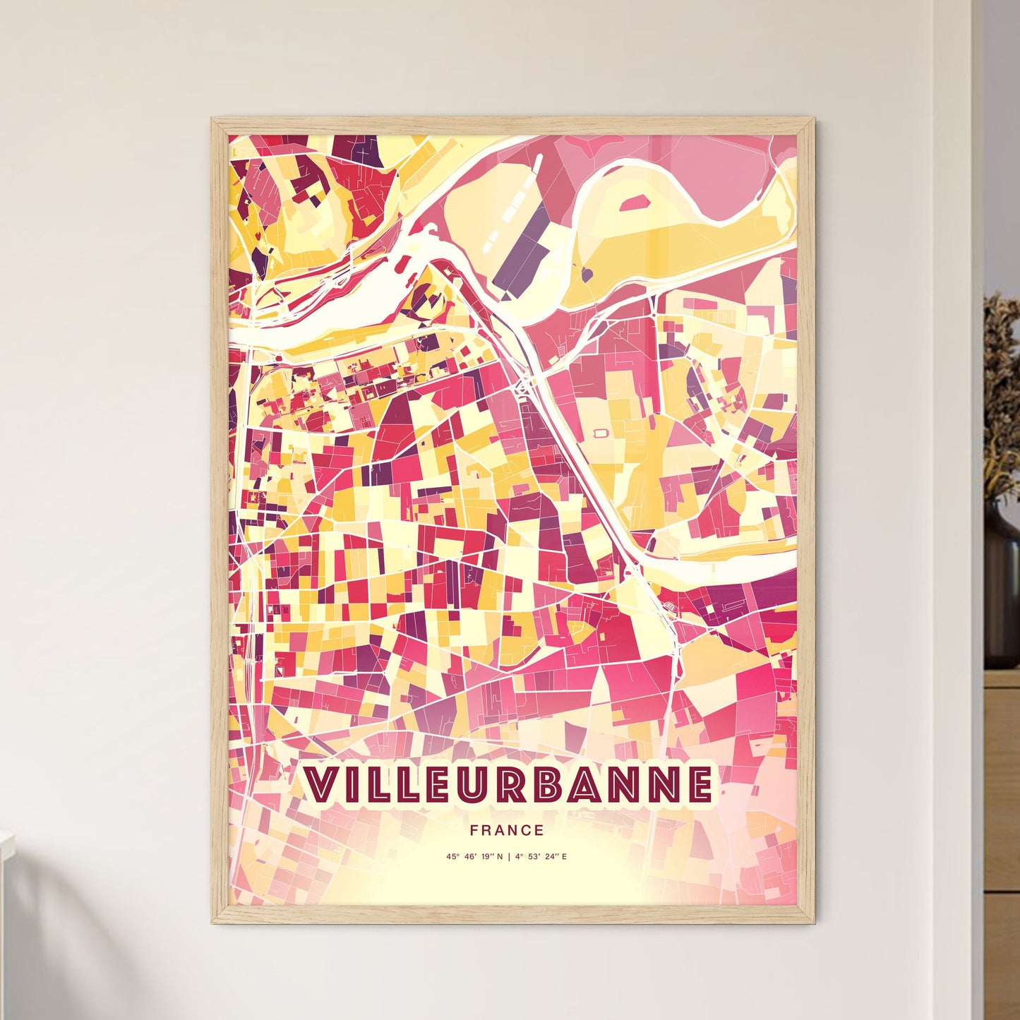 Colorful VILLEURBANNE FRANCE Fine Art Map Hot Red