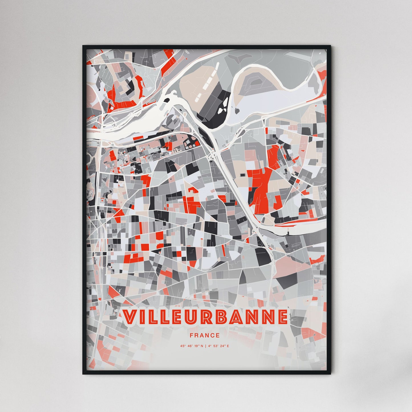 Colorful VILLEURBANNE FRANCE Fine Art Map Modern