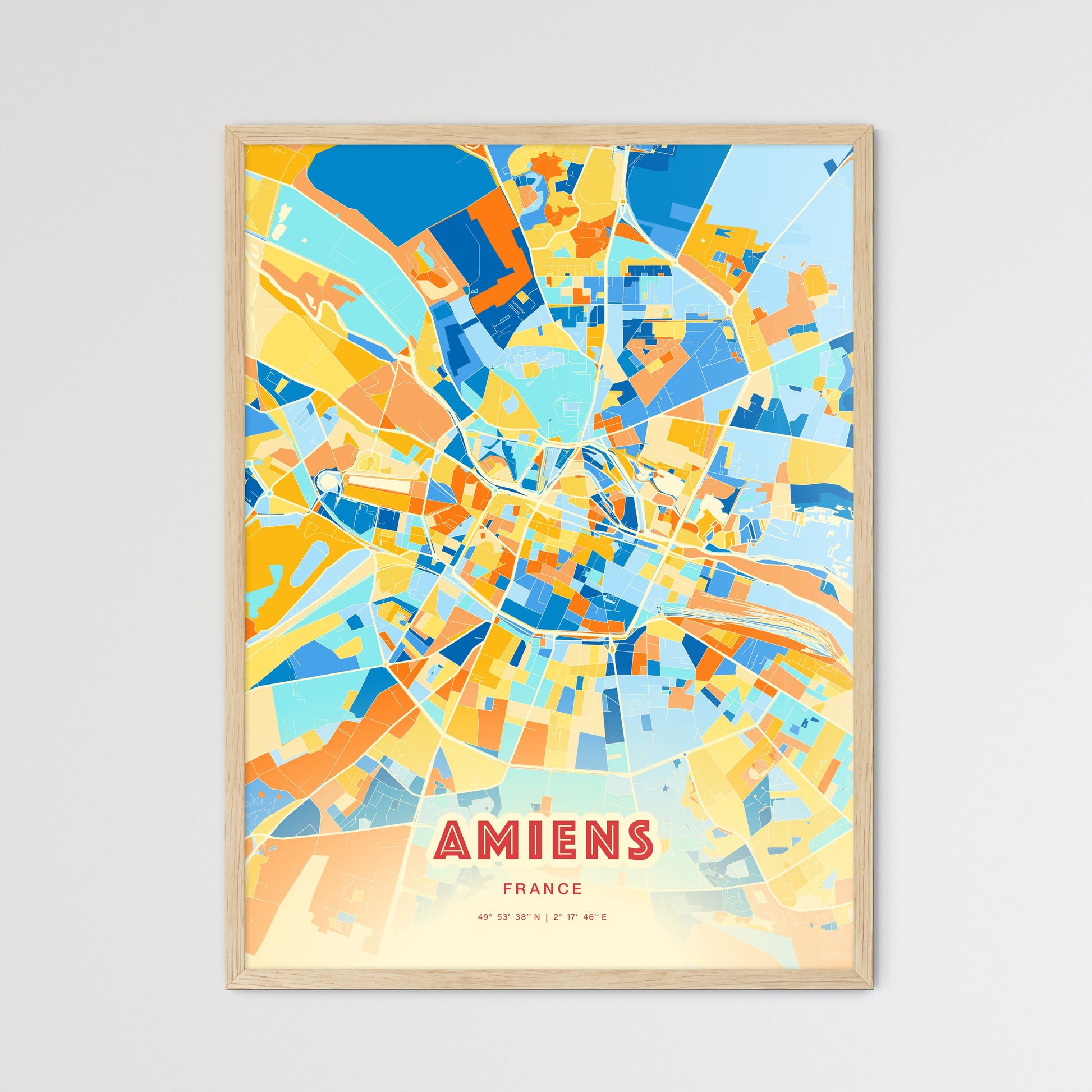 Colorful Amiens France Fine Art Map Blue Orange