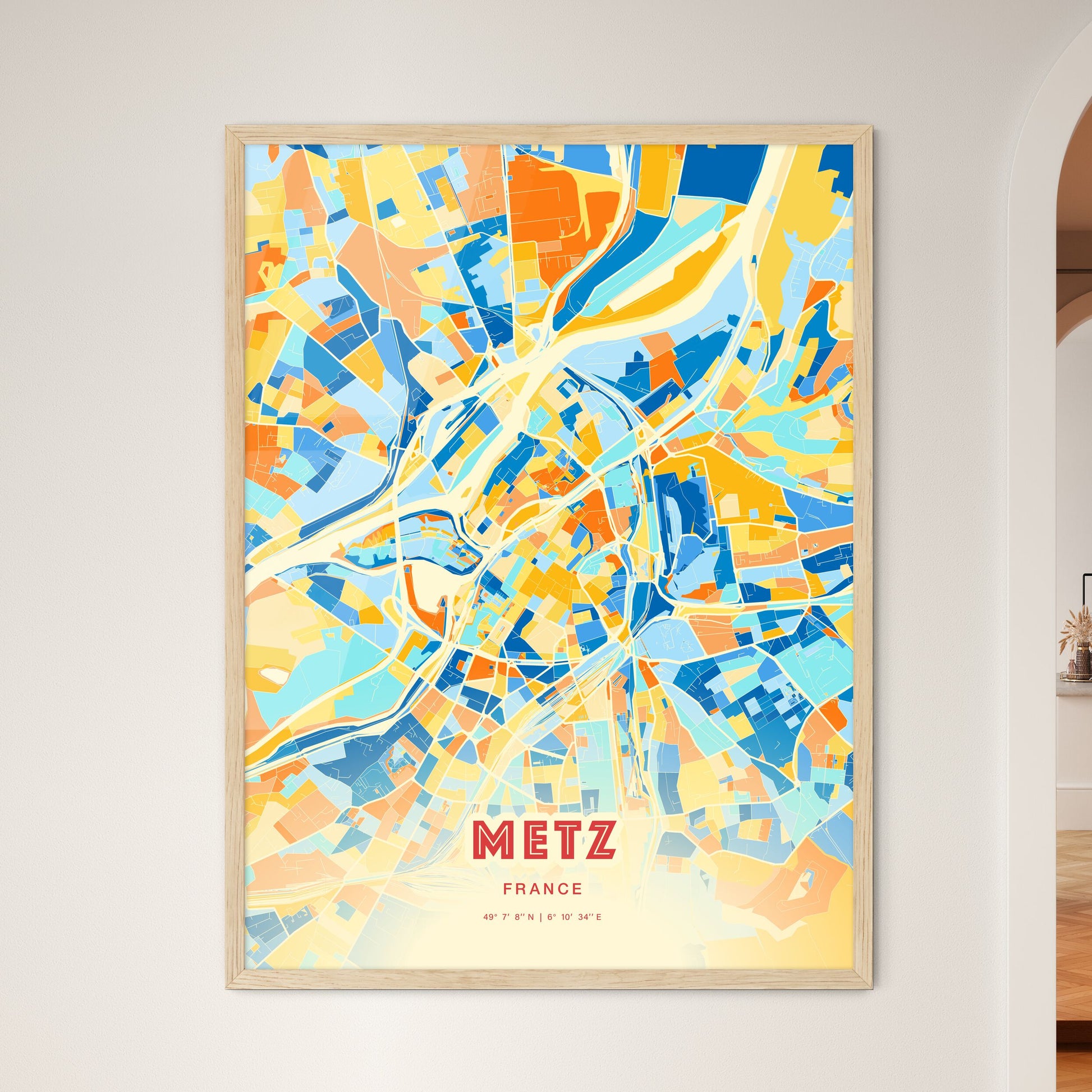 Colorful Metz France Fine Art Map Blue Orange