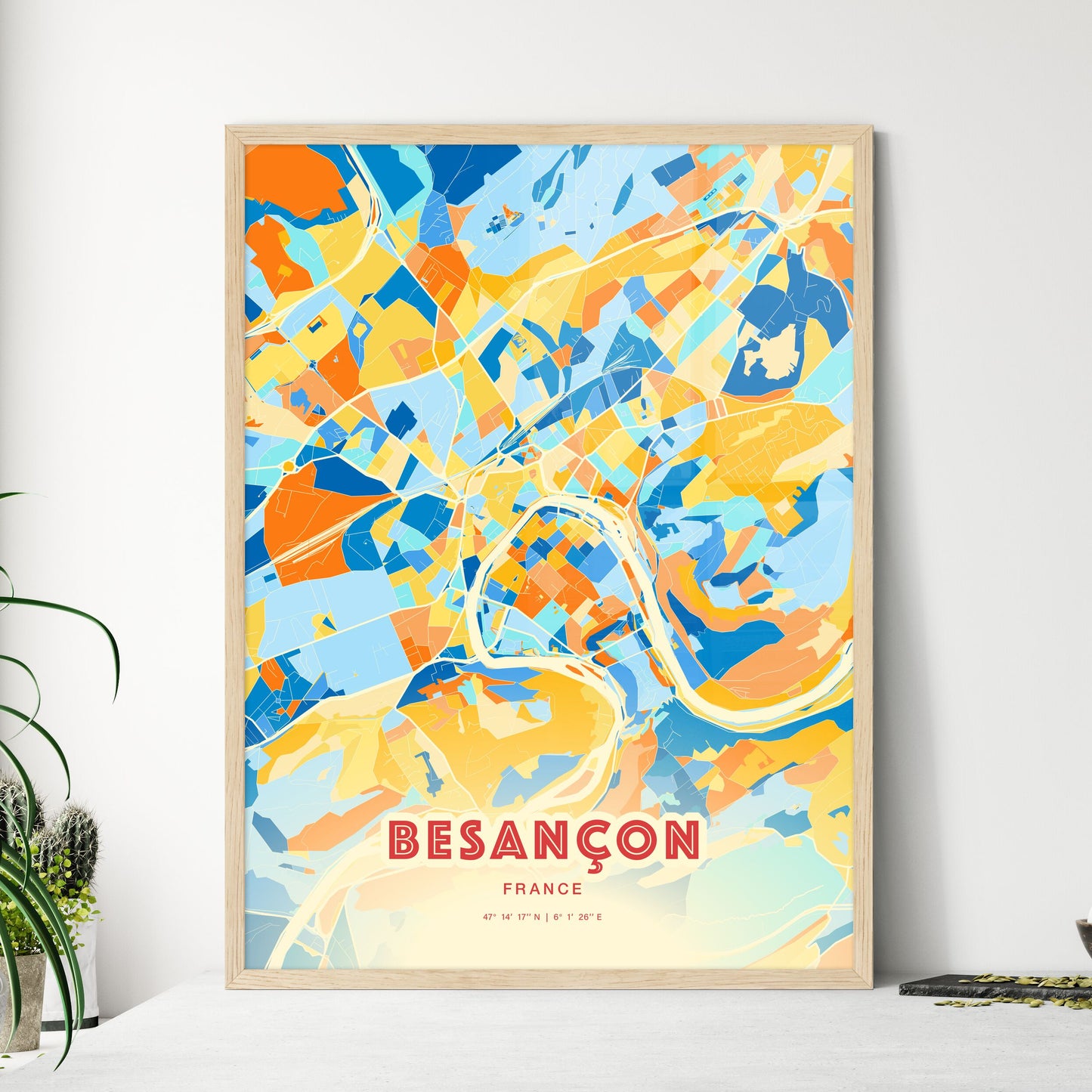 Colorful BESANÇON FRANCE Fine Art Map Blue Orange