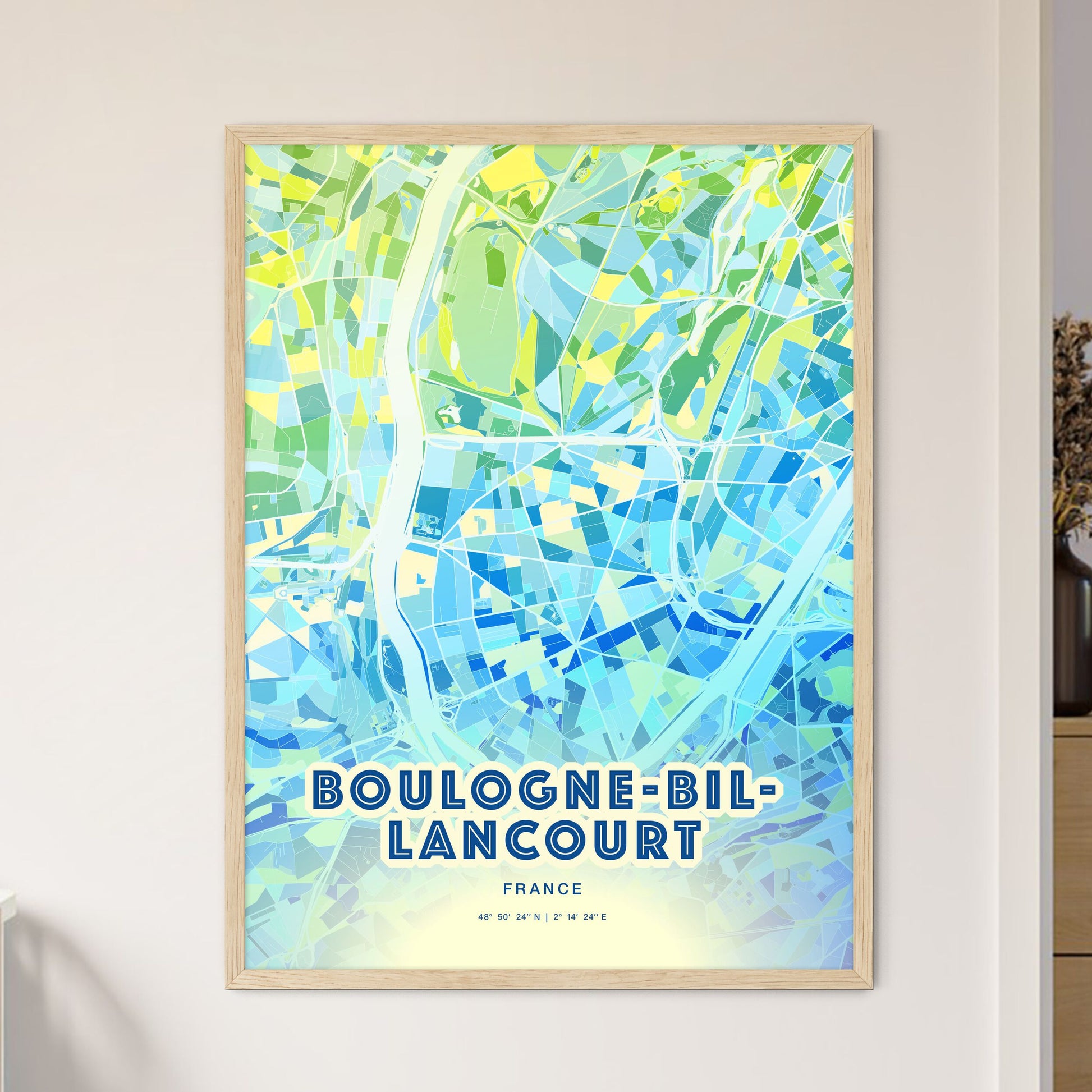 Colorful BOULOGNE-BILLANCOURT FRANCE Fine Art Map Cool Blue