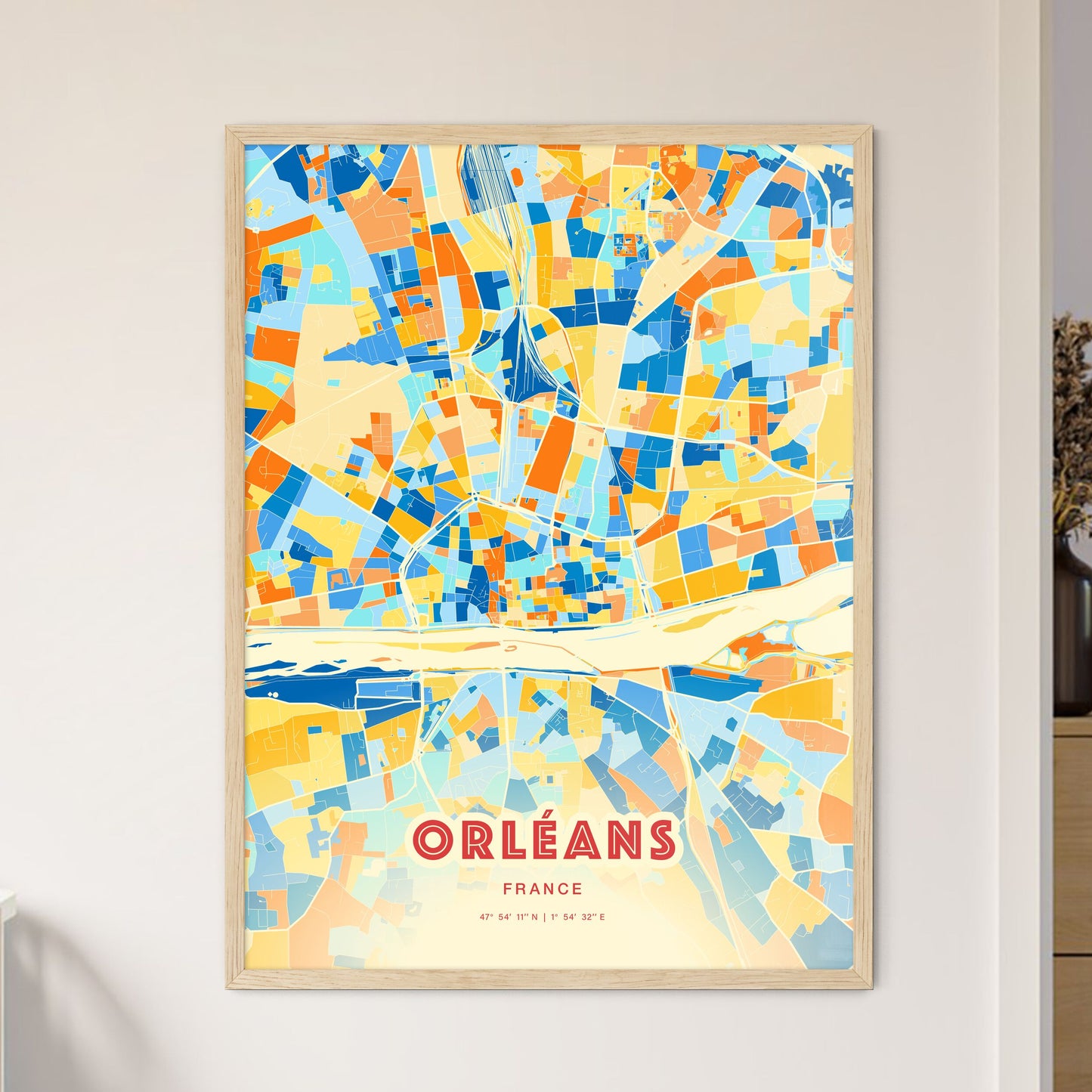 Colorful Orléans France Fine Art Map Blue Orange