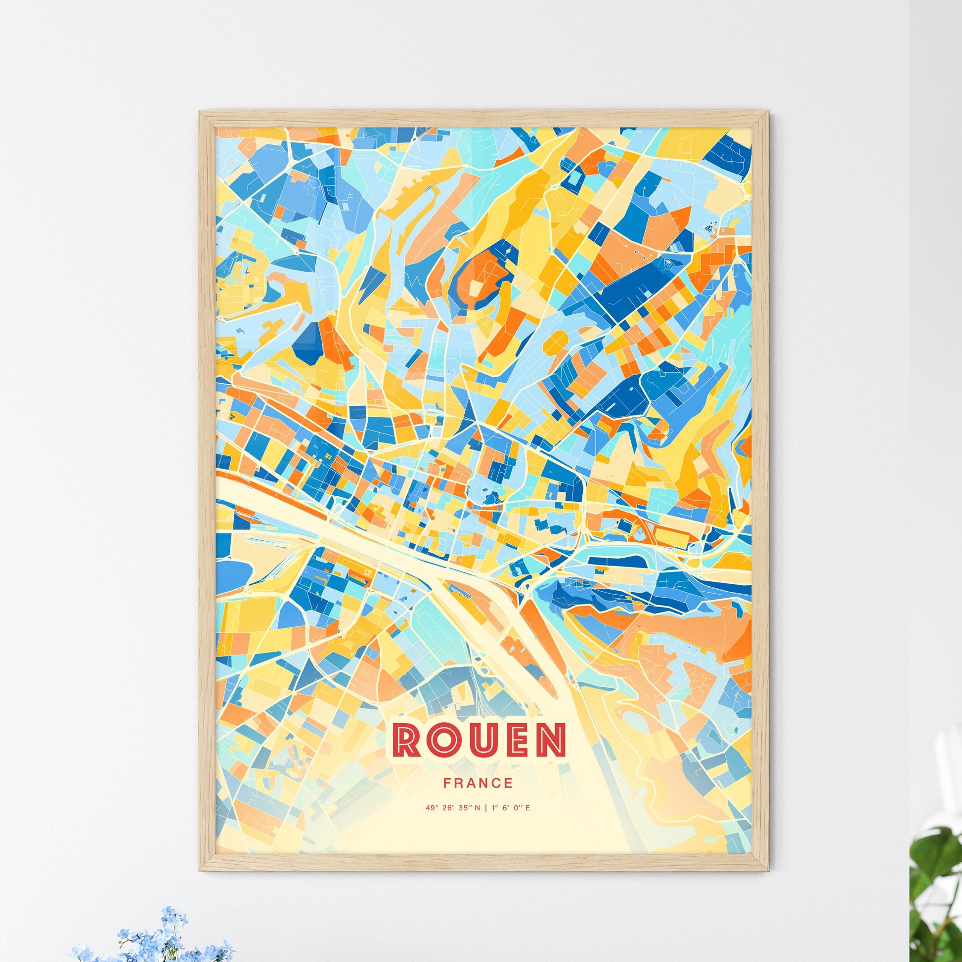 Colorful Rouen France Fine Art Map Blue Orange