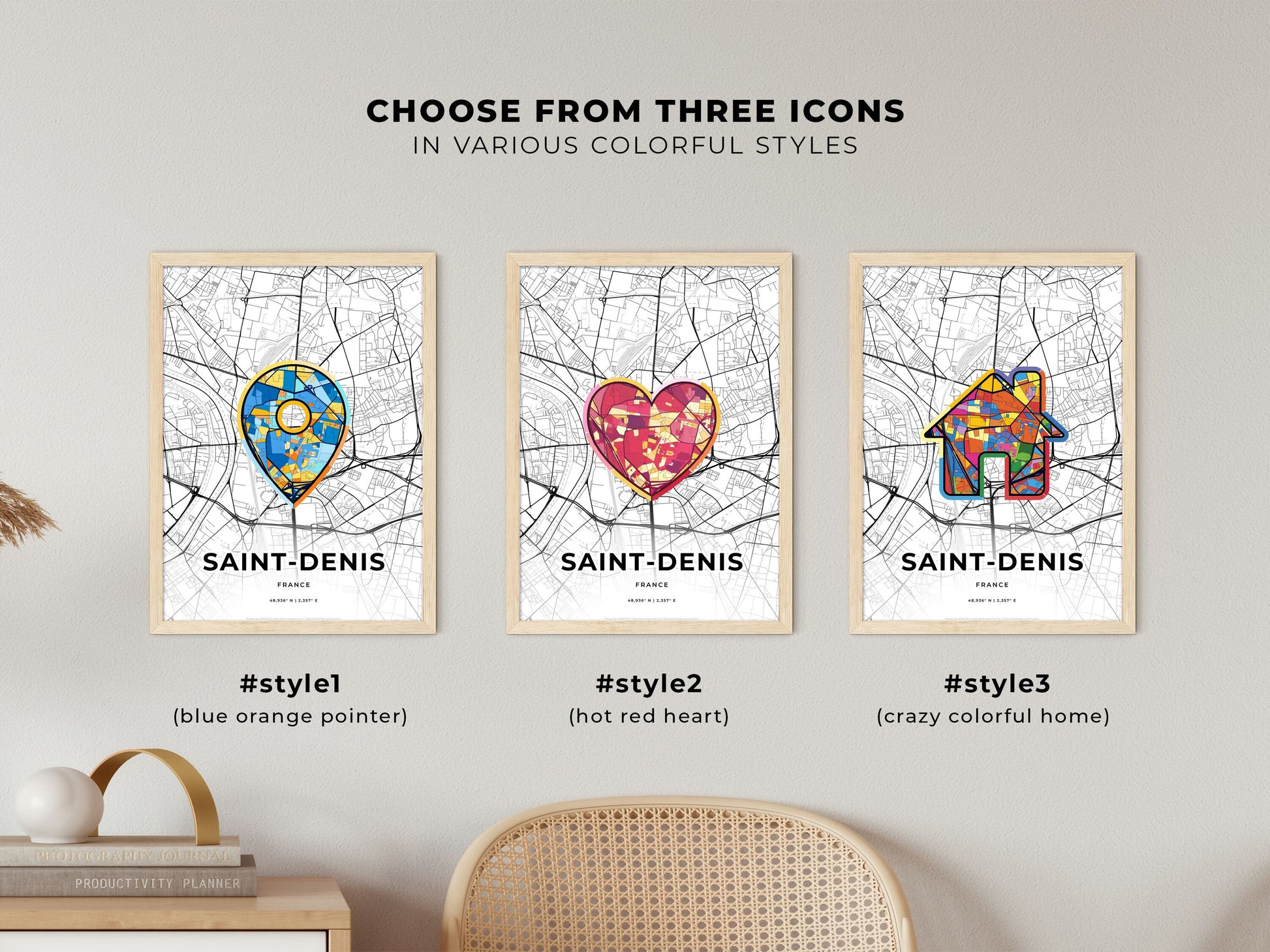 SAINT-DENIS FRANCE minimal art map with a colorful icon. Where it all began, Couple map gift.