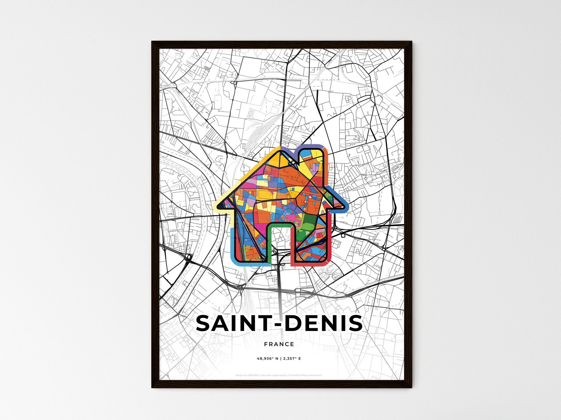 SAINT-DENIS FRANCE minimal art map with a colorful icon. Where it all began, Couple map gift. Style 3