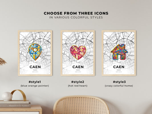 Caen France maps with colorful icons