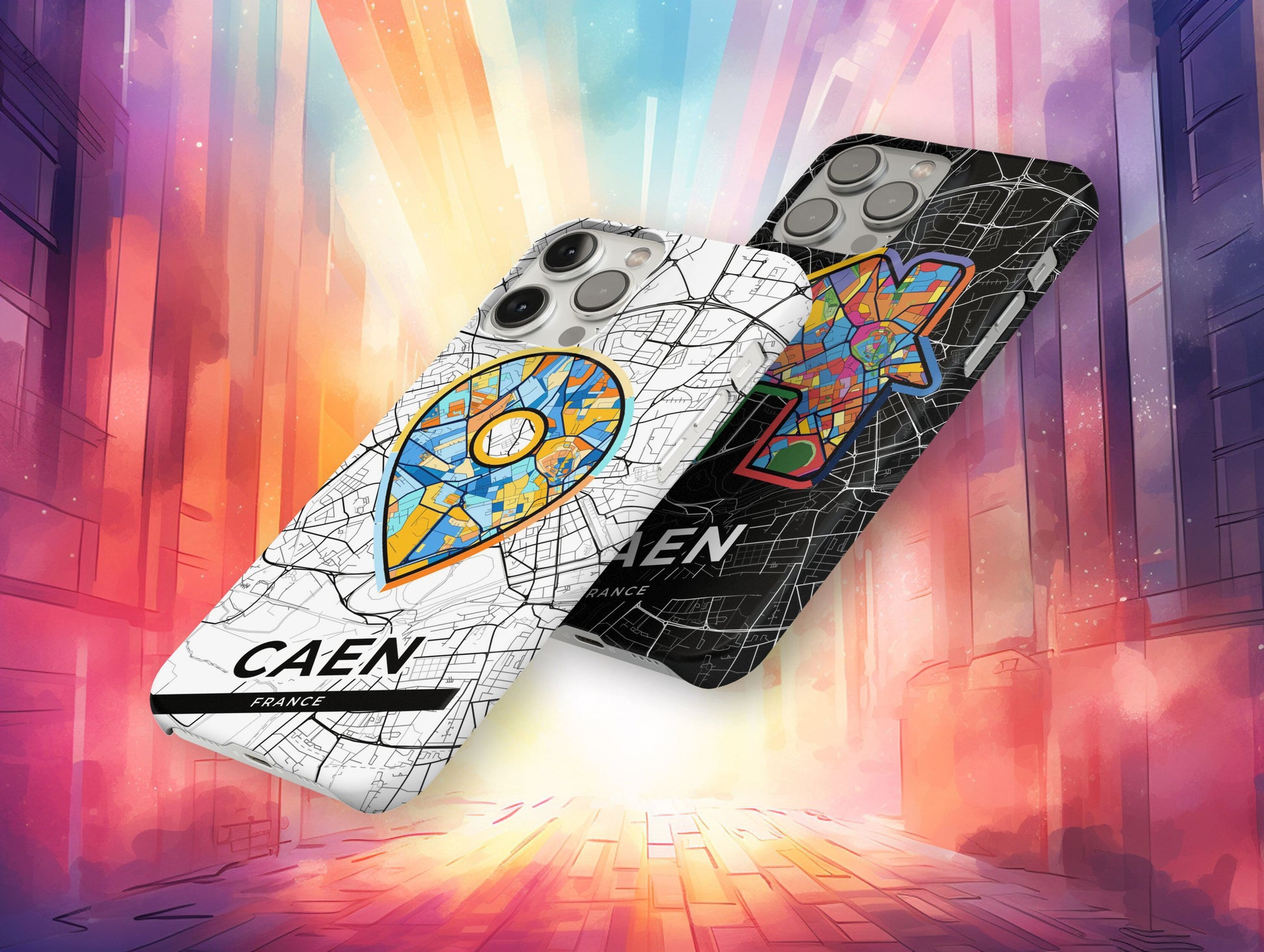 Caen France slim phone case with colorful icon. Birthday, wedding or housewarming gift. Couple match cases.