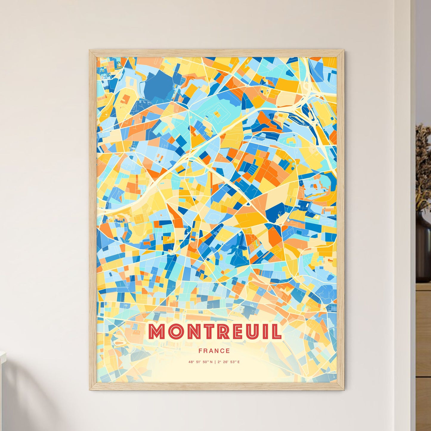 Colorful Montreuil France Fine Art Map Blue Orange