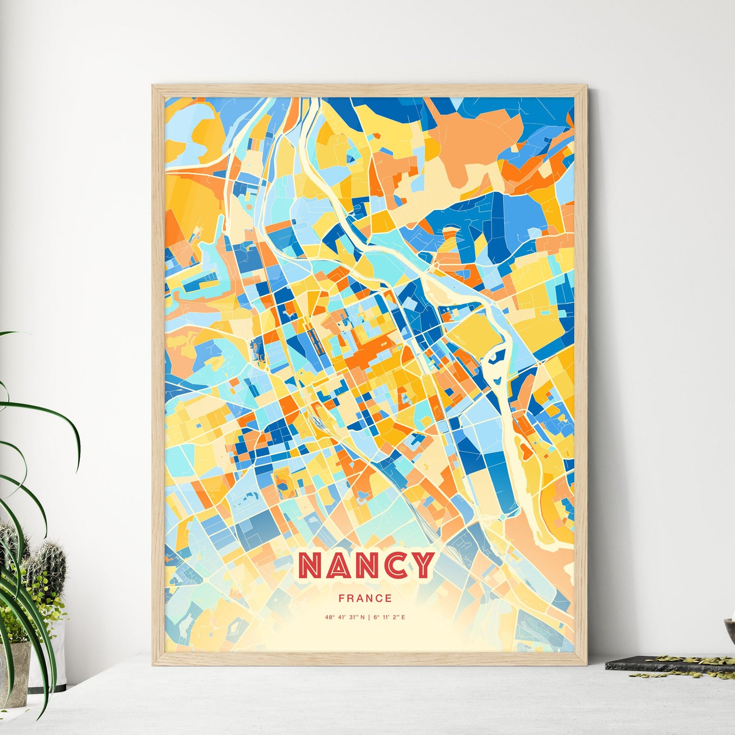Colorful Nancy France Fine Art Map Blue Orange