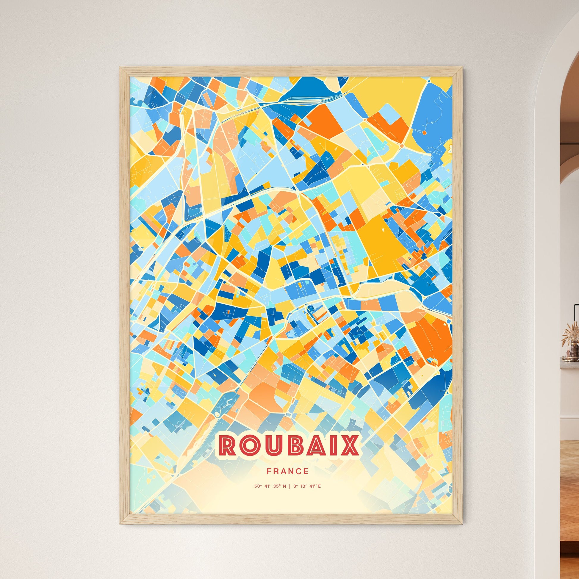 Colorful Roubaix France Fine Art Map Blue Orange
