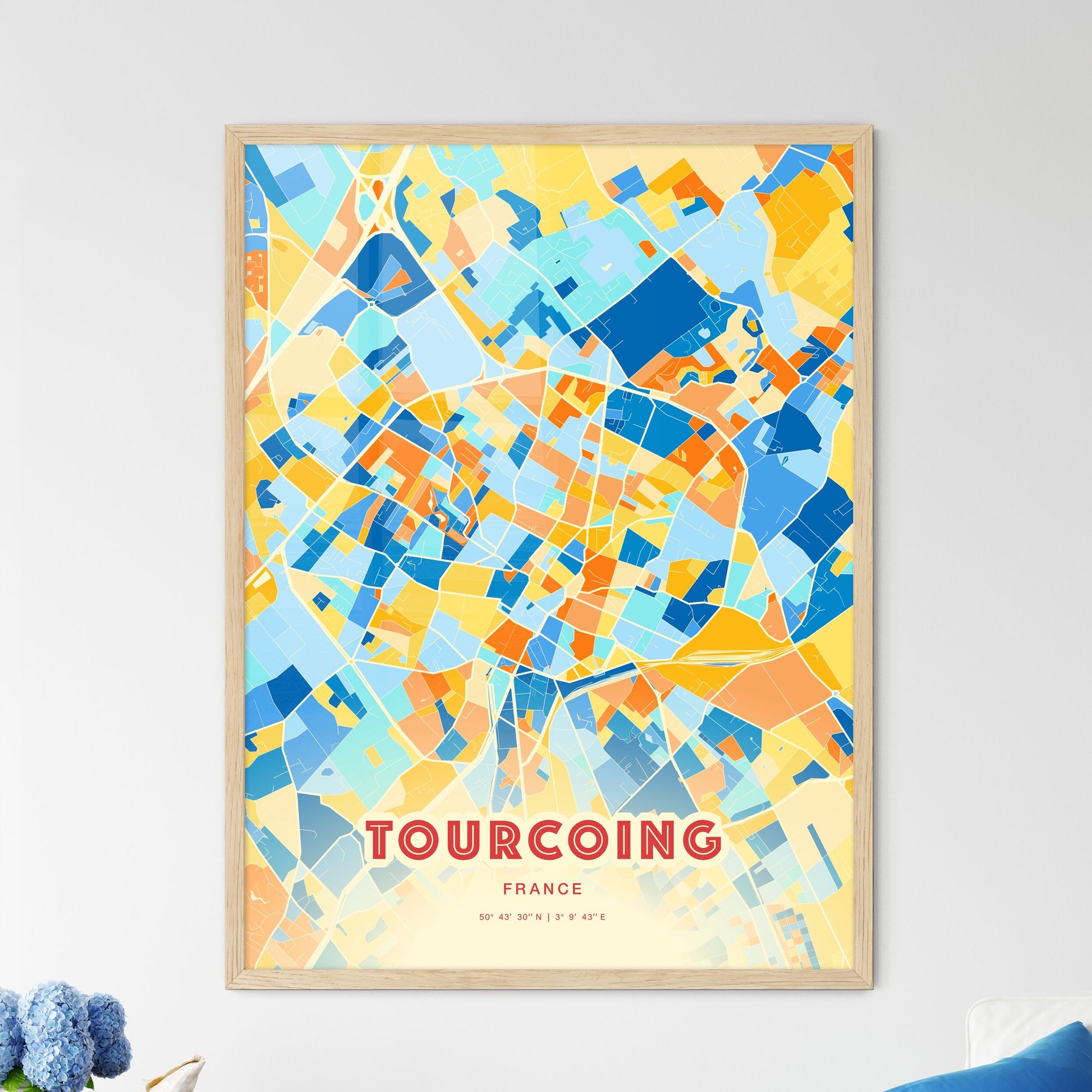 Colorful Tourcoing France Fine Art Map Blue Orange