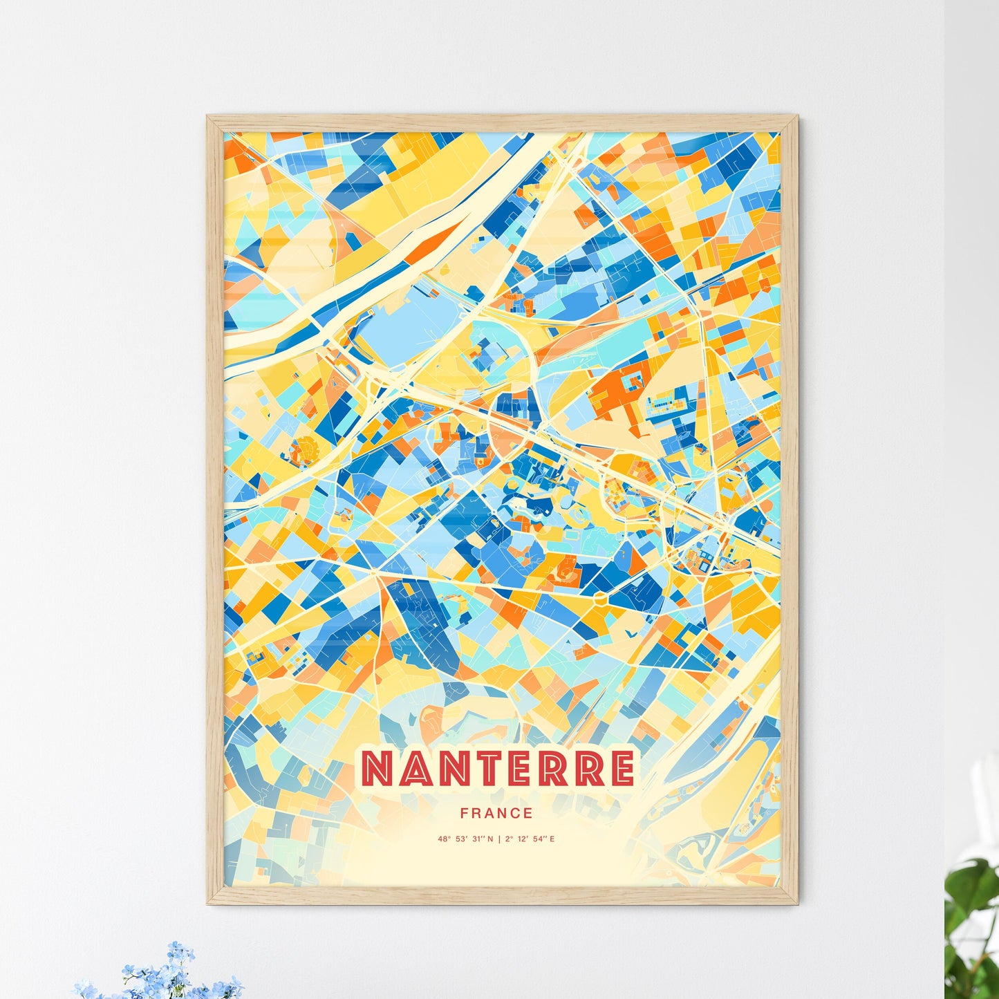 Colorful Nanterre France Fine Art Map Blue Orange