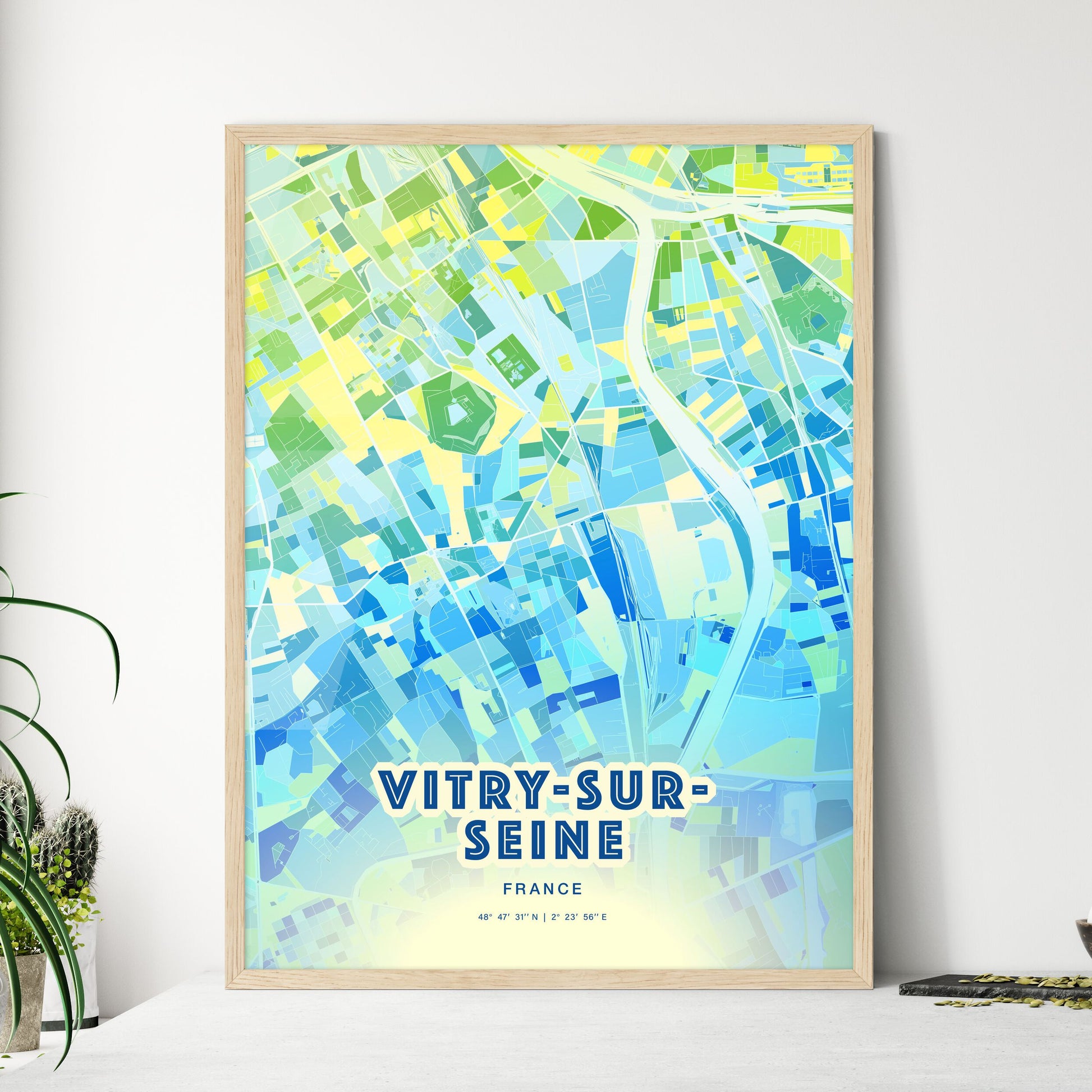 Colorful VITRY-SUR-SEINE FRANCE Fine Art Map Cool Blue