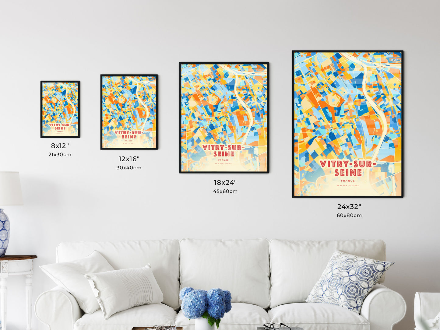 Colorful VITRY-SUR-SEINE FRANCE Fine Art Map Blue Orange