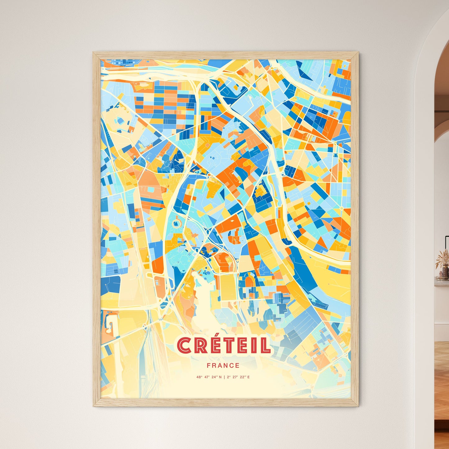 Colorful CRÉTEIL FRANCE Fine Art Map Blue Orange