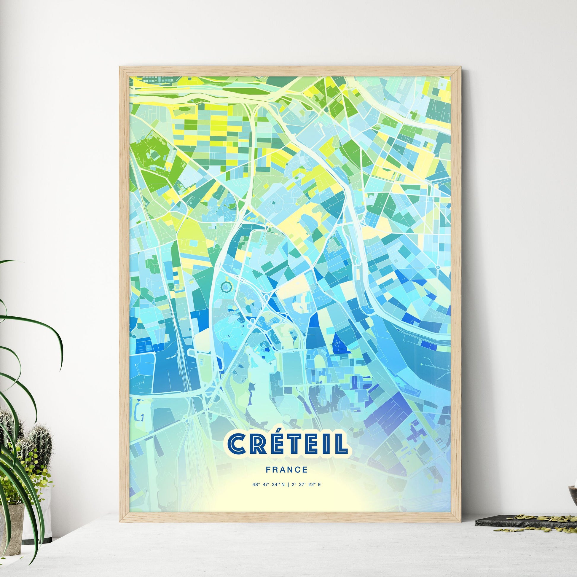 Colorful CRÉTEIL FRANCE Fine Art Map Cool Blue