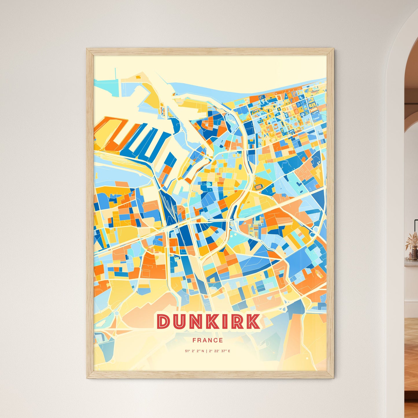 Colorful Dunkirk France Fine Art Map Blue Orange