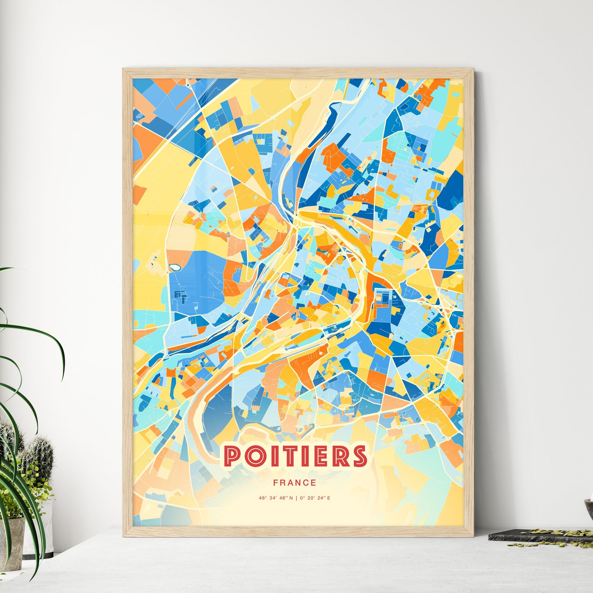 Colorful Poitiers France Fine Art Map Blue Orange