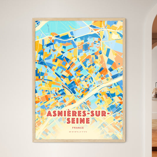 Colorful Asnières-Sur-Seine France Fine Art Map Blue Orange